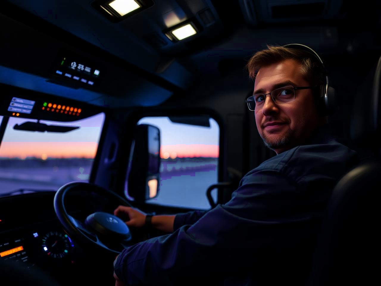Professional Time Portal Solutions driver in a modern truck cab at dusk